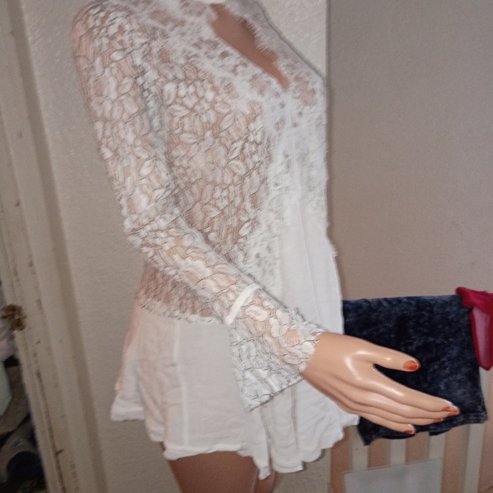Free People Floral Elegant Lace Tunic Romantic Fit Flare Mini Dress Sheer S